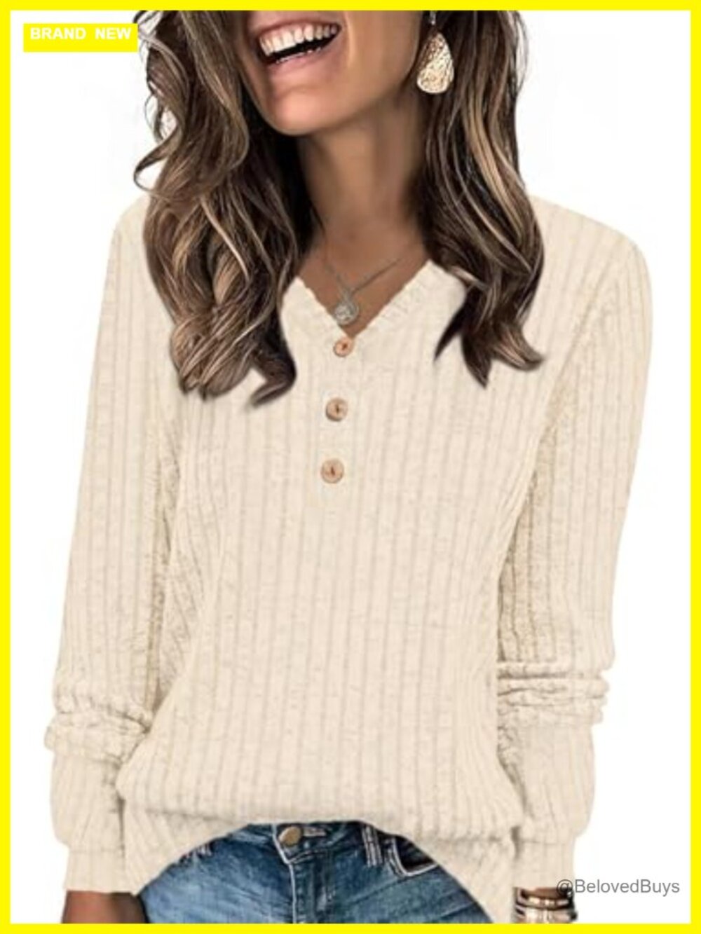 Ribbed Knit V-Neck Button Tunic Top Long Sleeve Loose Fit Casual Pullover